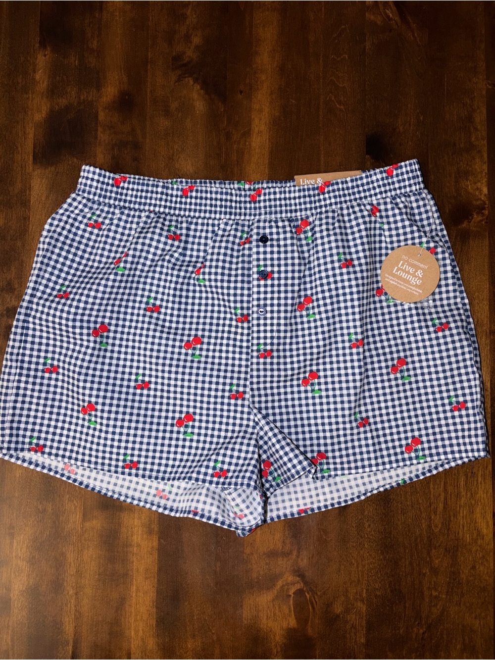 No Comment Live & Lounge Navy Blue Gingham Cherry Print Boxer Shorts NWT L